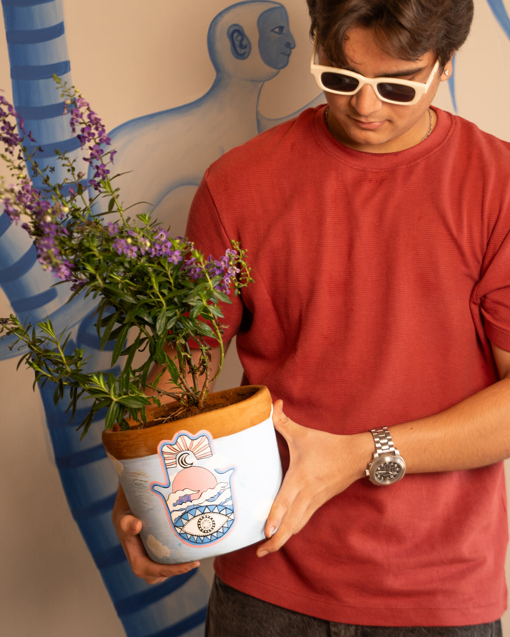 Hamsa Sky – Hand-Painted Terracotta Planter - Raw Earth Shop