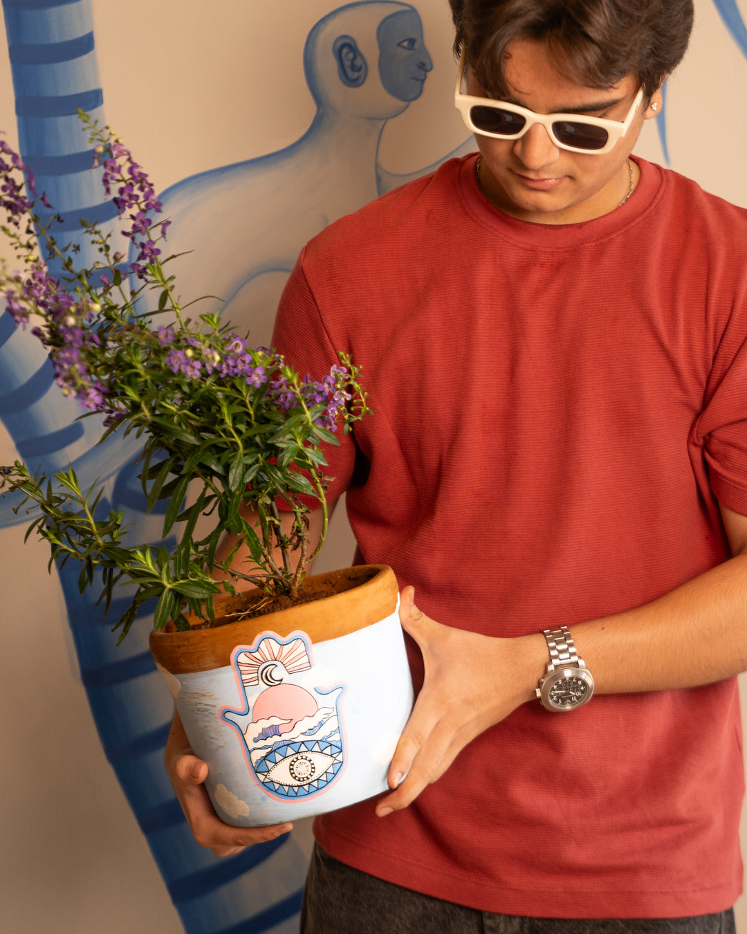 Hamsa Sky – Hand-Painted Terracotta Planter - Raw Earth Shop